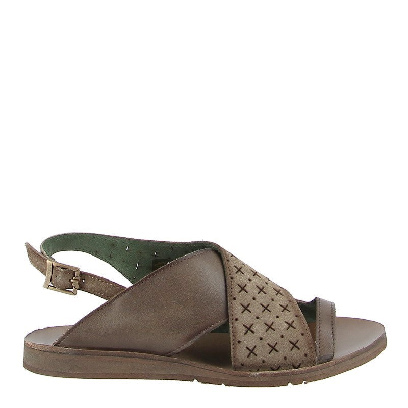 Side view of Felmini D833 Grey Low Sandal – women’s leather and suede slingback sandal with 2cm heel, perforated leather front, and buckle closure.
