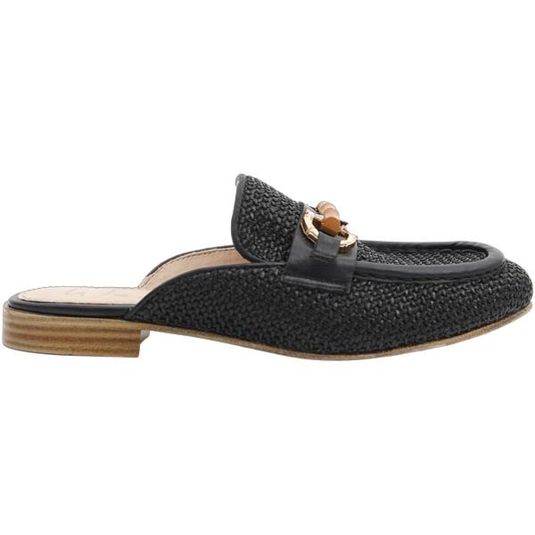 Side view of Wave 28453 Black Mule with 2cm block heel and horse bit buckle detail