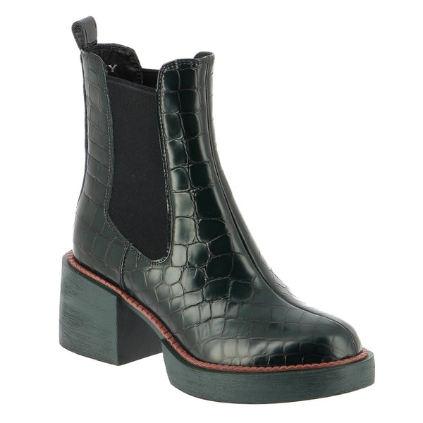 Bresley Penny Green Croc Chunky Ankle Boot