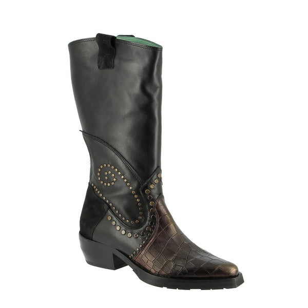 Felmini Black Bronze Western Mid Calf Cowboy Boot