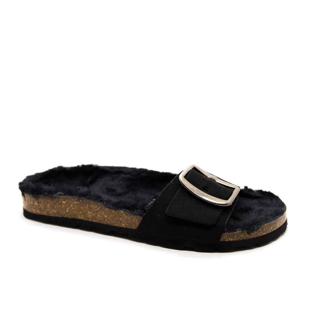 Elevate your style with the luxurious 101018 Black Slide. Featuring a fur-lined design and chic buckle detail, these slides exude sophistication. Crafted with high-quality suede and cork/rubber sole. Perfect for adding a touch of elegance to any outfit. 