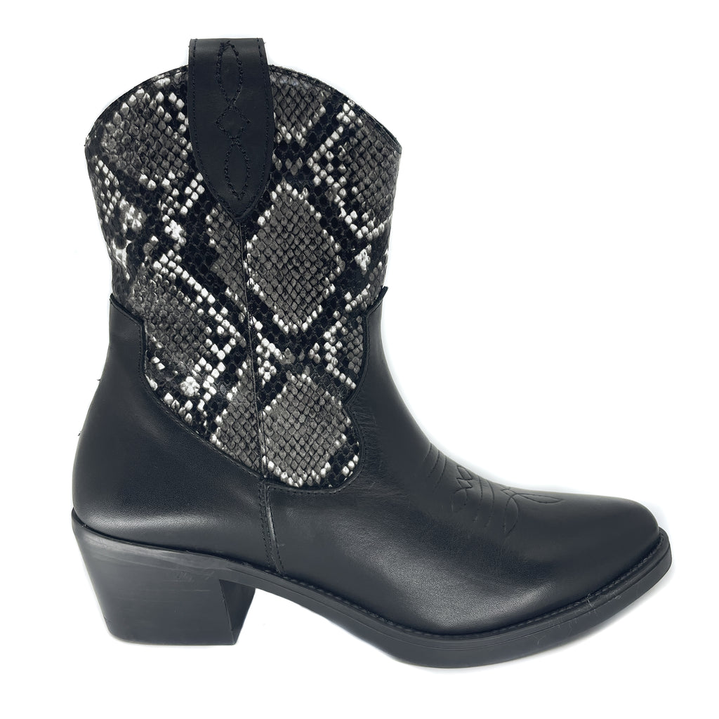 Quait Black Snakeprint Leather Western Ankle Boot