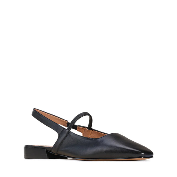 Angled exterior view of Eos Sonu Black Mary Jane showing sleek black leather upper, classic Mary Jane strap, and lightweight sole.