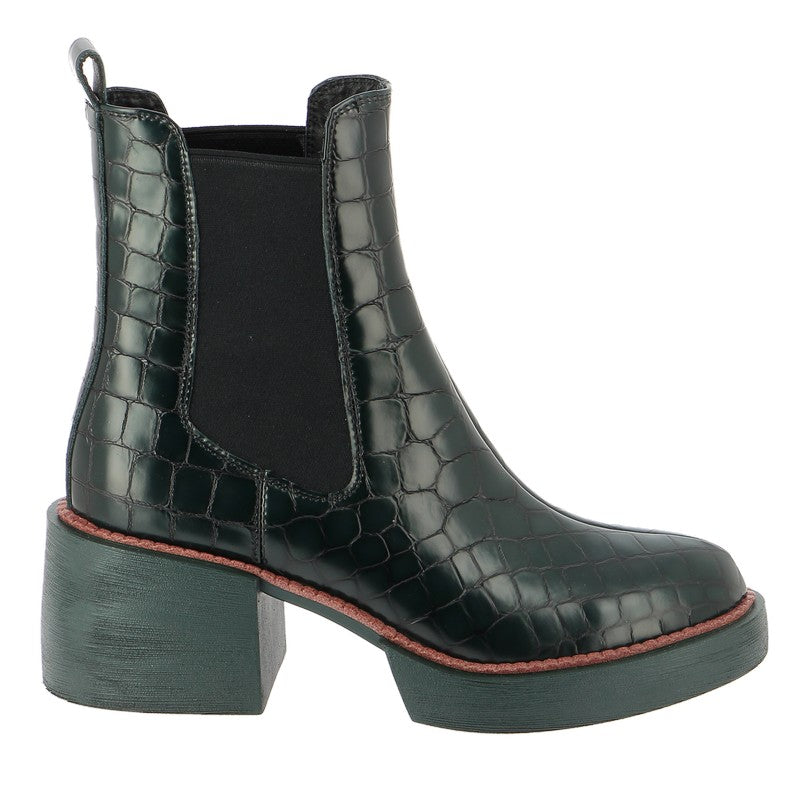 Bresley Penny Green Croc Chunky Ankle Boot