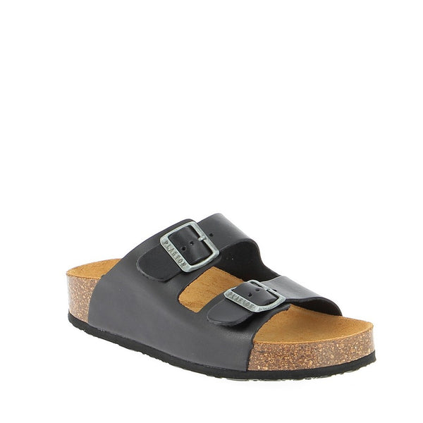 A detailed image showcasing the smooth leather lining and antibacterial properties of the Black Slide sandals from Plakton. The soft lining ensures all-day comfort and freshness for the wearer.