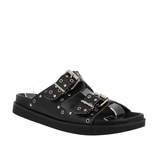 At the rear of Plakton's 505680 Black Studs Sandals, the sleek design showcases a sturdy EVA sole with synthetic elements, providing durability and support with each step. This sophisticated feature adds stability and elegance to the sandal's silhouette.